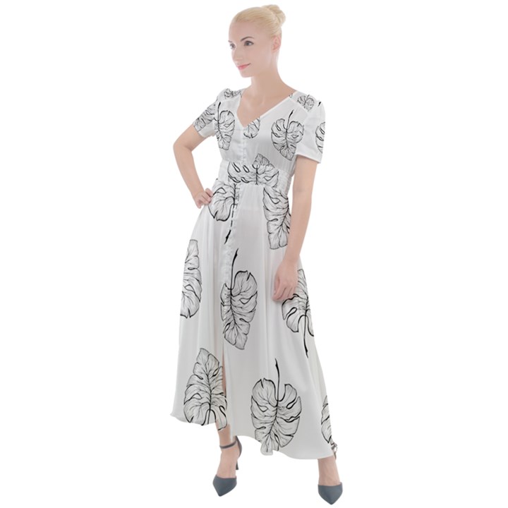 Doodle leaves Button Up Short Sleeve Maxi Dress