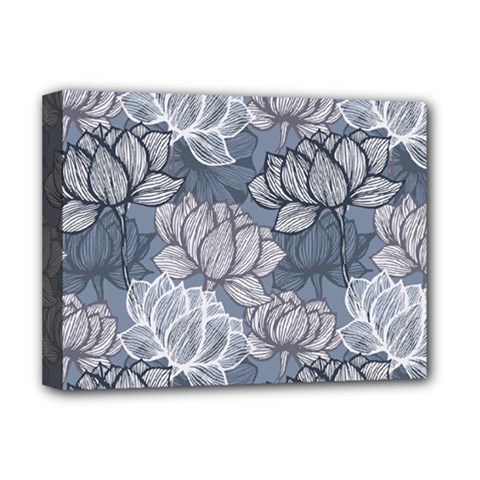 Art Deco Blue And Grey Lotus Flower Leaves Floral Japanese Hand Drawn Lily Deluxe Canvas 16  X 12  (stretched) 