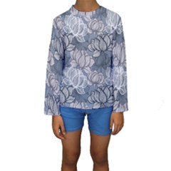 Art Deco Blue And Grey Lotus Flower Leaves Floral Japanese Hand Drawn Lily Kids  Long Sleeve Swimwear by DigitalArsiart