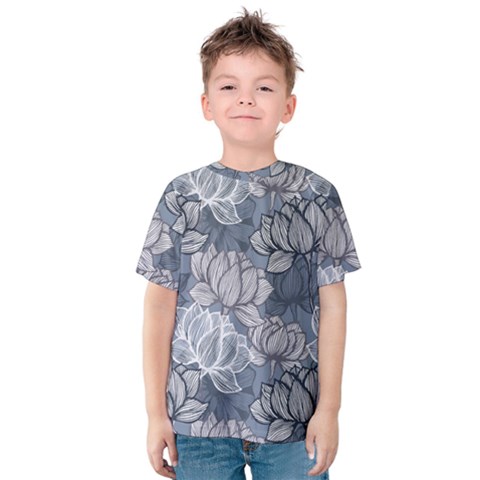 Art Deco Blue And Grey Lotus Flower Leaves Floral Japanese Hand Drawn Lily Kids  Cotton Tee by DigitalArsiart