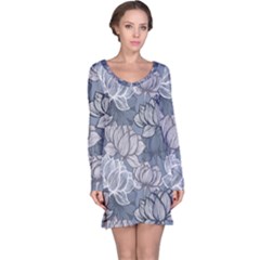 Art Deco Blue And Grey Lotus Flower Leaves Floral Japanese Hand Drawn Lily Long Sleeve Nightdress by DigitalArsiart