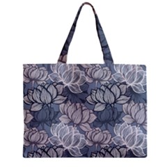 Art Deco Blue And Grey Lotus Flower Leaves Floral Japanese Hand Drawn Lily Zipper Mini Tote Bag by DigitalArsiart