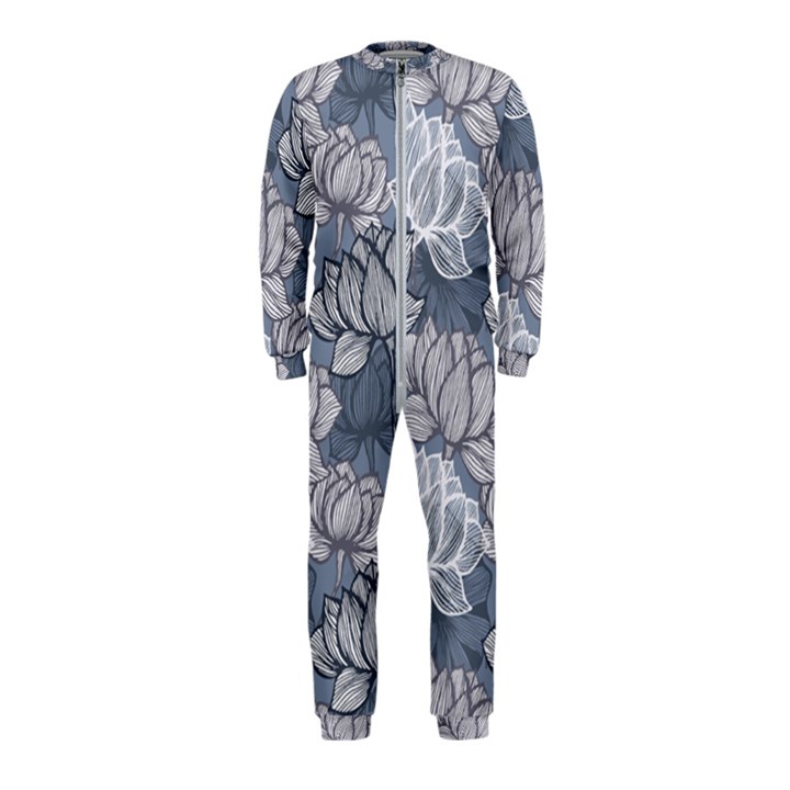 Art deco Blue and grey lotus Flower Leaves Floral Japanese hand drawn lily OnePiece Jumpsuit (Kids)