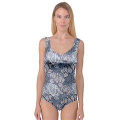 Art Deco Blue And Grey Lotus Flower Leaves Floral Japanese Hand Drawn Lily Princess Tank Leotard  by DigitalArsiart