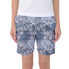 Art Deco Blue And Grey Lotus Flower Leaves Floral Japanese Hand Drawn Lily Women s Basketball Shorts by DigitalArsiart