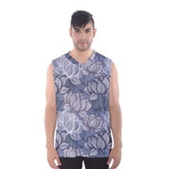 Art Deco Blue And Grey Lotus Flower Leaves Floral Japanese Hand Drawn Lily Men s Basketball Tank Top by DigitalArsiart