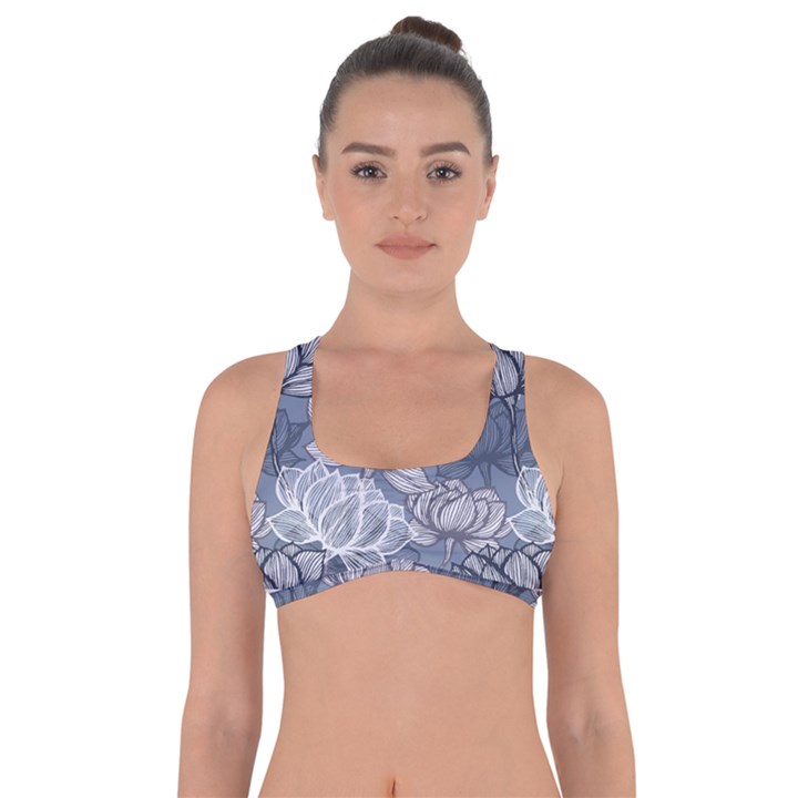 Art deco Blue and grey lotus Flower Leaves Floral Japanese hand drawn lily Got No Strings Sports Bra