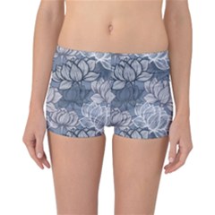 Art Deco Blue And Grey Lotus Flower Leaves Floral Japanese Hand Drawn Lily Reversible Boyleg Bikini Bottoms by DigitalArsiart