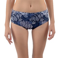 Art Deco Blue And Grey Lotus Flower Leaves Floral Japanese Hand Drawn Lily Reversible Mid-waist Bikini Bottoms by DigitalArsiart