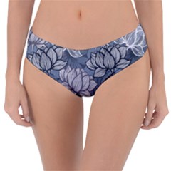 Art Deco Blue And Grey Lotus Flower Leaves Floral Japanese Hand Drawn Lily Reversible Classic Bikini Bottoms by DigitalArsiart