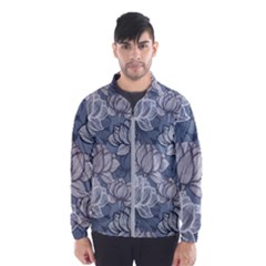 Art Deco Blue And Grey Lotus Flower Leaves Floral Japanese Hand Drawn Lily Men s Windbreaker by DigitalArsiart