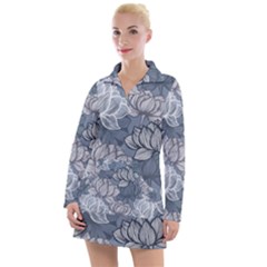 Art Deco Blue And Grey Lotus Flower Leaves Floral Japanese Hand Drawn Lily Women s Long Sleeve Casual Dress by DigitalArsiart