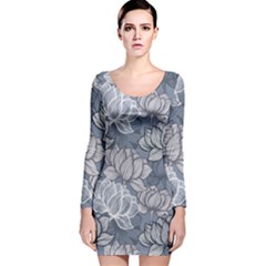 Art Deco Blue And Grey Lotus Flower Leaves Floral Japanese Hand Drawn Lily Long Sleeve Velvet Bodycon Dress by DigitalArsiart