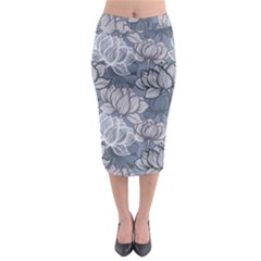 Art Deco Blue And Grey Lotus Flower Leaves Floral Japanese Hand Drawn Lily Midi Pencil Skirt by DigitalArsiart