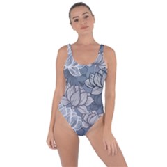 Art Deco Blue And Grey Lotus Flower Leaves Floral Japanese Hand Drawn Lily Bring Sexy Back Swimsuit by DigitalArsiart