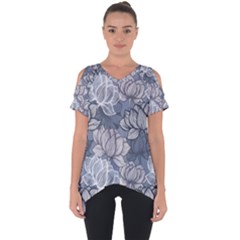 Art Deco Blue And Grey Lotus Flower Leaves Floral Japanese Hand Drawn Lily Cut Out Side Drop Tee by DigitalArsiart