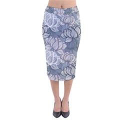 Art Deco Blue And Grey Lotus Flower Leaves Floral Japanese Hand Drawn Lily Velvet Midi Pencil Skirt by DigitalArsiart