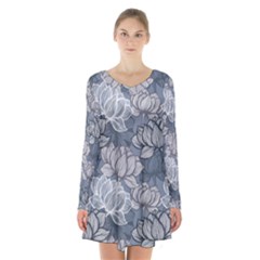 Art Deco Blue And Grey Lotus Flower Leaves Floral Japanese Hand Drawn Lily Long Sleeve Velvet V-neck Dress by DigitalArsiart