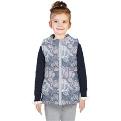 Art Deco Blue And Grey Lotus Flower Leaves Floral Japanese Hand Drawn Lily Kids  Hooded Puffer Vest by DigitalArsiart