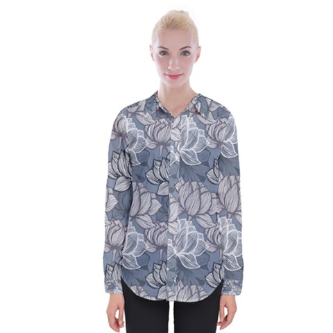 Art Deco Blue And Grey Lotus Flower Leaves Floral Japanese Hand Drawn Lily Womens Long Sleeve Shirt by DigitalArsiart