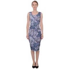 Art Deco Blue And Grey Lotus Flower Leaves Floral Japanese Hand Drawn Lily Sleeveless Pencil Dress by DigitalArsiart