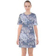 Art Deco Blue And Grey Lotus Flower Leaves Floral Japanese Hand Drawn Lily Sixties Short Sleeve Mini Dress by DigitalArsiart