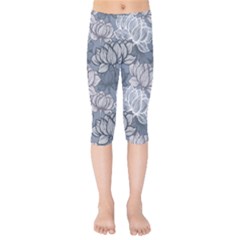 Art Deco Blue And Grey Lotus Flower Leaves Floral Japanese Hand Drawn Lily Kids  Capri Leggings 