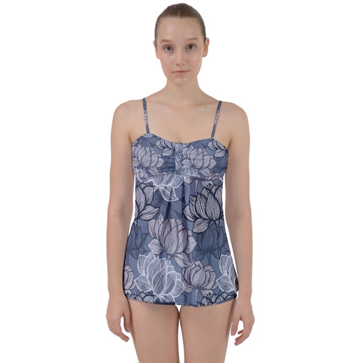 Art deco Blue and grey lotus Flower Leaves Floral Japanese hand drawn lily Babydoll Tankini Set