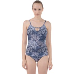 Art Deco Blue And Grey Lotus Flower Leaves Floral Japanese Hand Drawn Lily Cut Out Top Tankini Set by DigitalArsiart