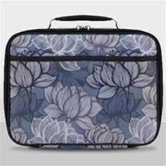 Art Deco Blue And Grey Lotus Flower Leaves Floral Japanese Hand Drawn Lily Full Print Lunch Bag by DigitalArsiart