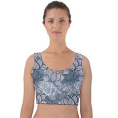 Art Deco Blue And Grey Lotus Flower Leaves Floral Japanese Hand Drawn Lily Velvet Crop Top by DigitalArsiart