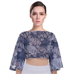 Art Deco Blue And Grey Lotus Flower Leaves Floral Japanese Hand Drawn Lily Tie Back Butterfly Sleeve Chiffon Top by DigitalArsiart