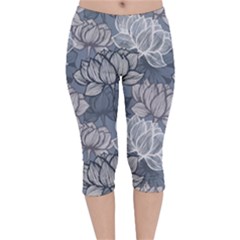 Art Deco Blue And Grey Lotus Flower Leaves Floral Japanese Hand Drawn Lily Velvet Capri Leggings 