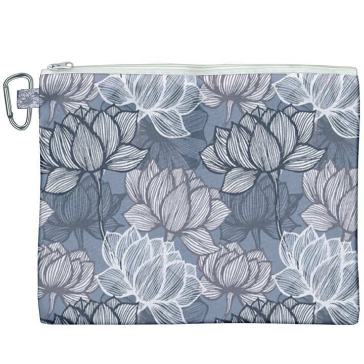 Art deco Blue and grey lotus Flower Leaves Floral Japanese hand drawn lily Canvas Cosmetic Bag (XXXL)