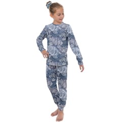 Art Deco Blue And Grey Lotus Flower Leaves Floral Japanese Hand Drawn Lily Kids  Long Sleeve Set  by DigitalArsiart