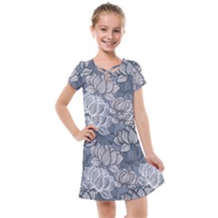 Art Deco Blue And Grey Lotus Flower Leaves Floral Japanese Hand Drawn Lily Kids  Cross Web Dress