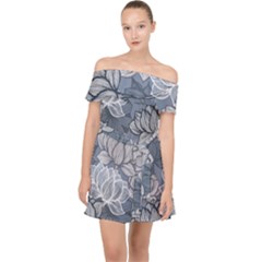 Art Deco Blue And Grey Lotus Flower Leaves Floral Japanese Hand Drawn Lily Off Shoulder Chiffon Dress by DigitalArsiart