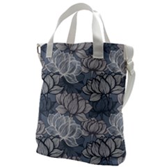 Art Deco Blue And Grey Lotus Flower Leaves Floral Japanese Hand Drawn Lily Canvas Messenger Bag by DigitalArsiart