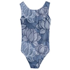 Art Deco Blue And Grey Lotus Flower Leaves Floral Japanese Hand Drawn Lily Kids  Cut-out Back One Piece Swimsuit by DigitalArsiart