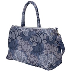 Art Deco Blue And Grey Lotus Flower Leaves Floral Japanese Hand Drawn Lily Duffel Travel Bag by DigitalArsiart