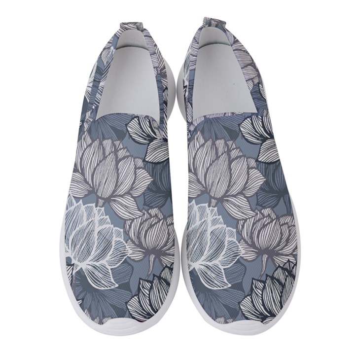 Art deco Blue and grey lotus Flower Leaves Floral Japanese hand drawn lily Women s Slip On Sneakers