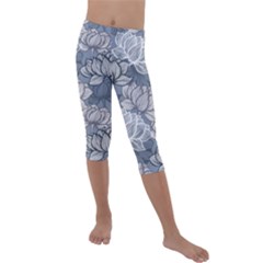 Art Deco Blue And Grey Lotus Flower Leaves Floral Japanese Hand Drawn Lily Kids  Lightweight Velour Capri Leggings 