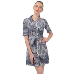 Art Deco Blue And Grey Lotus Flower Leaves Floral Japanese Hand Drawn Lily Belted Shirt Dress by DigitalArsiart