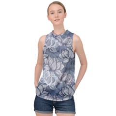 Art Deco Blue And Grey Lotus Flower Leaves Floral Japanese Hand Drawn Lily High Neck Satin Top