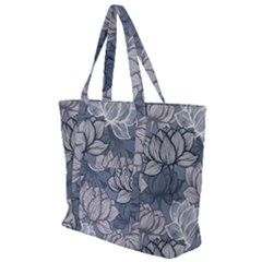 Art Deco Blue And Grey Lotus Flower Leaves Floral Japanese Hand Drawn Lily Zip Up Canvas Bag by DigitalArsiart