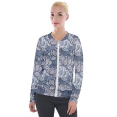 Art Deco Blue And Grey Lotus Flower Leaves Floral Japanese Hand Drawn Lily Velvet Zip Up Jacket by DigitalArsiart