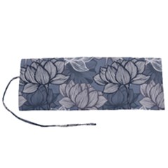 Art Deco Blue And Grey Lotus Flower Leaves Floral Japanese Hand Drawn Lily Roll Up Canvas Pencil Holder (s) by DigitalArsiart