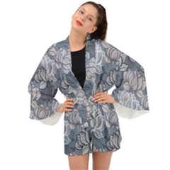 Art Deco Blue And Grey Lotus Flower Leaves Floral Japanese Hand Drawn Lily Long Sleeve Kimono by DigitalArsiart