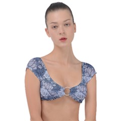 Art Deco Blue And Grey Lotus Flower Leaves Floral Japanese Hand Drawn Lily Cap Sleeve Ring Bikini Top