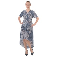 Art Deco Blue And Grey Lotus Flower Leaves Floral Japanese Hand Drawn Lily Front Wrap High Low Dress by DigitalArsiart